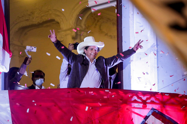 Peru's presidential candidate Pedro Castillo addresses supporters from the headquarters in Lima, June 15, 2021. REUTERS/Sebastian Castaneda/File Photo