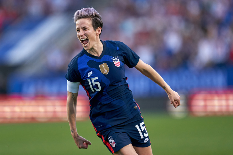 Image: Megan Rapinoe celebrates after scoring a goal during the SheBelieves Cup match between United States and Japan on March 11, 2020,  in Frisco, Texas.