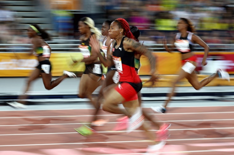 Image: Michelle-Lee Ahye races to the line to win gold in the Women's 100 meters final during the Athletics on day five of the Gold Coast 2018 Commonwealth Games on April 9, 2018 on the Gold Coast, Australia.