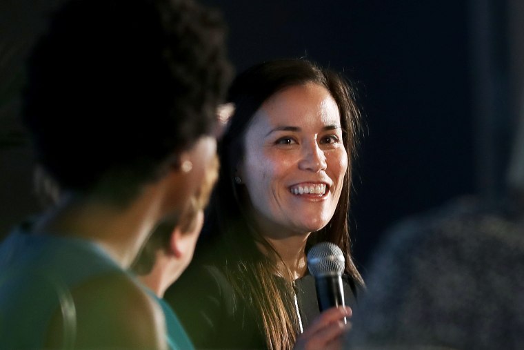 Gina Ortiz Jones (right), candidate for U.S. House (TX-23), speaks on a panel at an EMILY's List luncheon at the Fairmont Hotel on Friday, Aug. 17, 2018 in San Francisco, Calif.