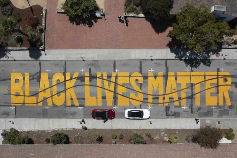 A Black Lives Matter mural was vandalized in Santa Cruz, Calif., on July 24, 2021.