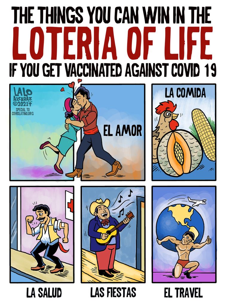 Image: This cartoon recreates a traditional Mexican bingo-like game, Lotería, to show the benefits of getting a vaccine.