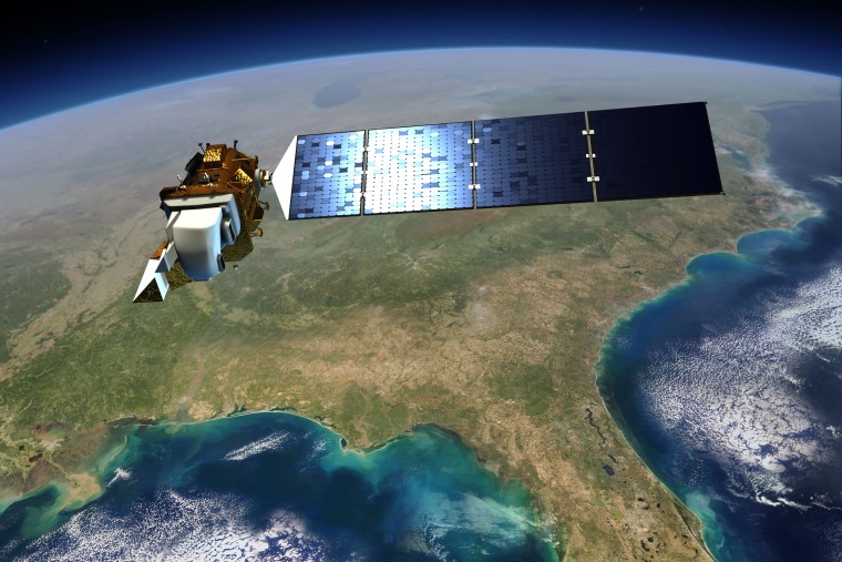An artist's conception of the Landsat Data Continuity Mission, the eighth satellite in the long-running Landsat program, flying over the U.S. Gulf Coast.