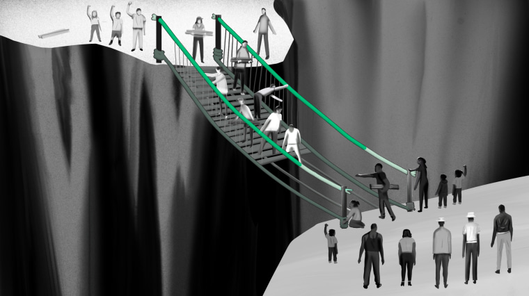 Illustration of people building a green bridge across a big chasm as some raise their fists.