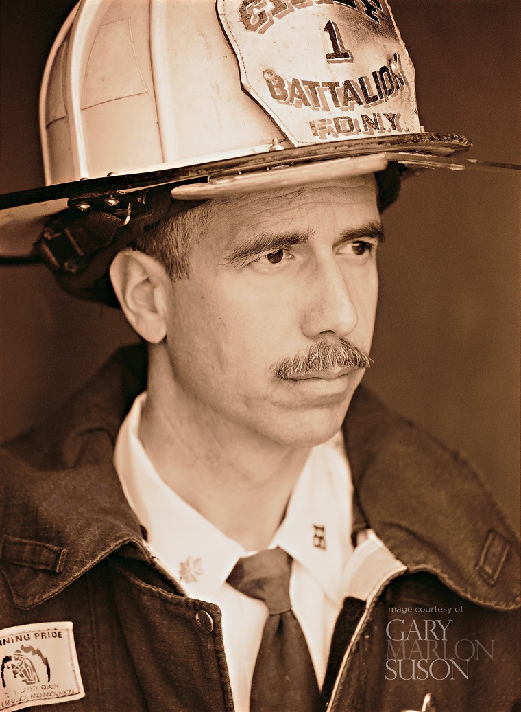 Official ground zero photographer Gary Marlon Suson took this photo of Chief Pfeifer in 2002. Pfeifer wore the same tie he had on the morning of 9/11.