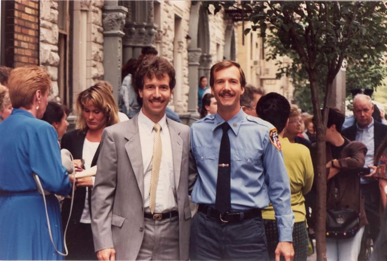 Joseph Pfeifer (left) with brother Kevin (right) after Kevin was appointed to the FDNY.