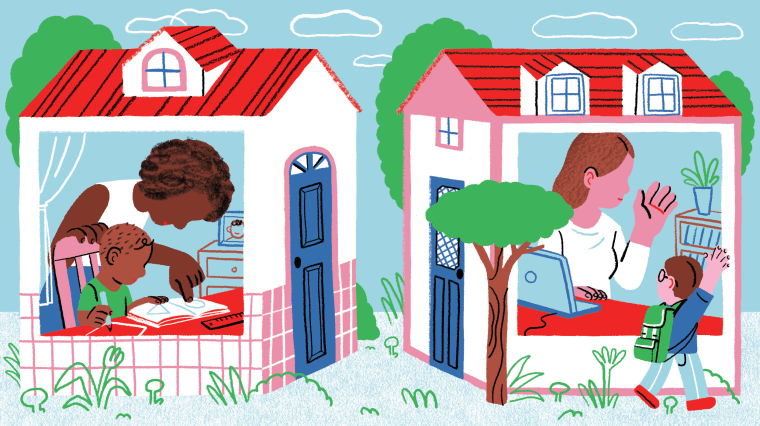 Illustration of a Black child and his mother working on schoolwork at home, while a white mother waves to her son on his way to school next door.
