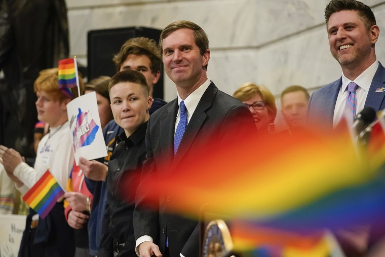Kentucky Democratic Gov. Andy Beshear attends a rally held by Fairness Campaign to advance LGBTQ rights at the State Capitol, Frankfort, Ky., on February 19, 2020.