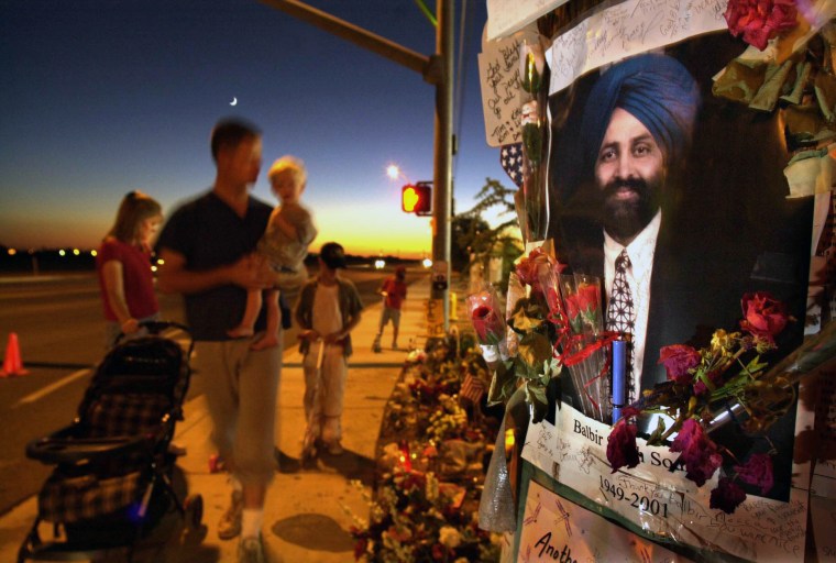 Image: A memorial for Balbir Singh Sodhi who was killed outside his gas station.