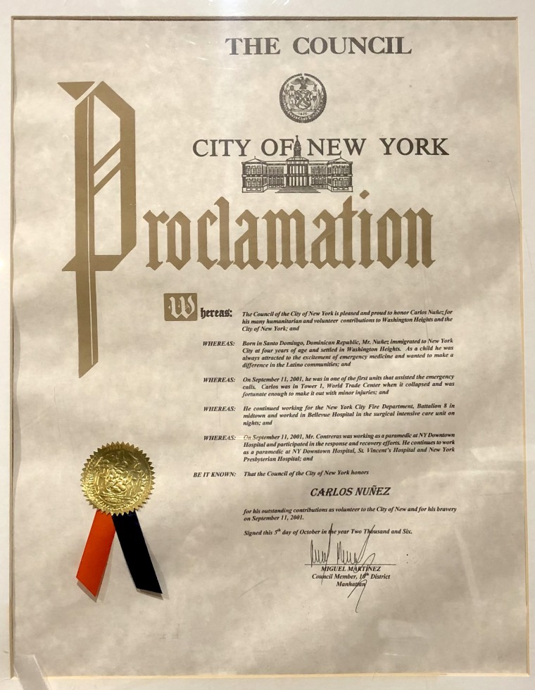 A proclamation given by the city to Nuñez for his work.