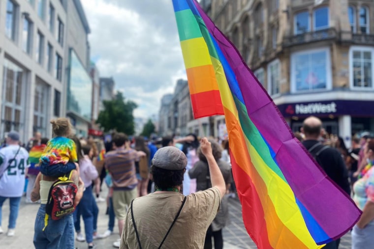 Image: The LGBTQ community organized a rally with the help of people who work in nearby bars and several organizations after three men were assaulted and subjected to homophobic abuse near a pub  in in Liverpool, England, in June 2021.