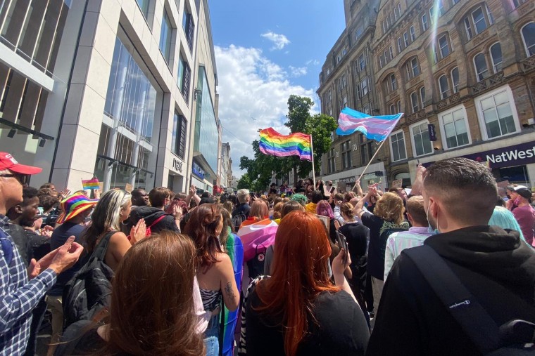 Image: The LGBTQ community organized a rally with the help of people who work in nearby bars and several organizations after three men were assaulted and subjected to homophobic abuse near a pub  in in Liverpool, England, in June 2021.