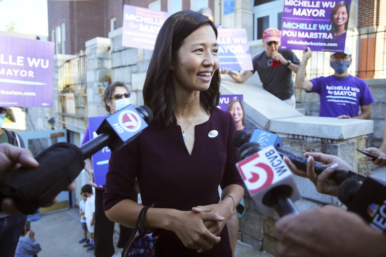 Boston mayoral candidate Michelle Wu speaks with the media after casting her ballot on Election Day in Boston on Sept. 14, 2021.