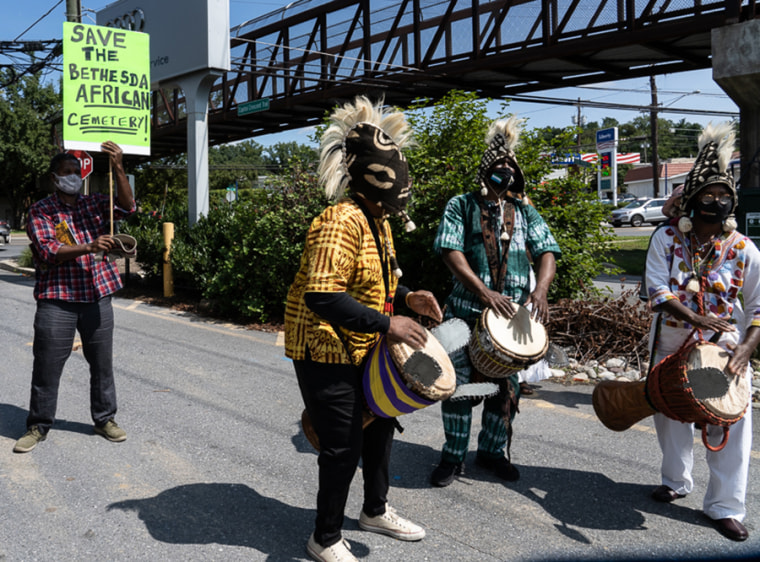 Supporters of the Bethesda African Cemetery Coalition perform Sept. 10 to raise awareness of the Moses African Cemetery in Bethesda, Md.