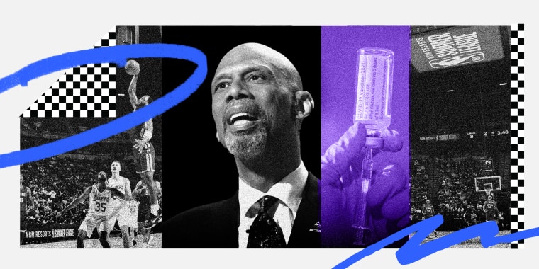 Photo illustration: Images of Kareem Abdul-Jabbar speaking and a hand holding a syringe and a vaccine vial with an image of a basketball game on either sides.