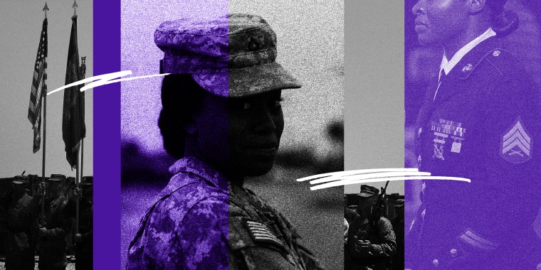 Photo collage: US Marines and Afghan National Army personnel holding their flags, a silhouette of a woman military officer and a close up of the medals of a servicewoman from the armed forces.