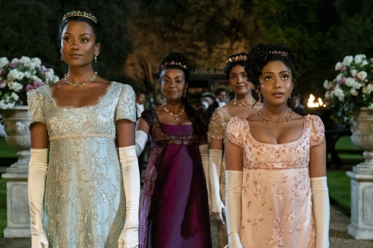 Simone Ashley as Kate Sharma, Adjoa Andoh as Lady Danbury, Shelley Conn as Mary Sharma and Charithra Chandran as Edwina Sharma in season two of "Bridgerton."