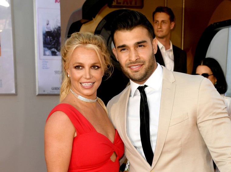 Spears poses with Sam Asghari at the premiere of "One Upon A Time...In Hollywood" on July 22, 2019, in Hollywood. 