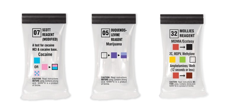 Image: Three drug testing kits, labelled as Scott Reagent (modified) Cocaine, Duquenois-Levine Reagent Marijuana and Mollies Reagent MDMA/Ecstasy.