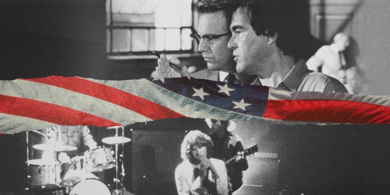 Illustration of Oliver Stone and Kevin Costner filming "JFK" and Val Kilmer in "The Doors" with the American flag.