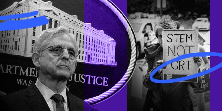 Photo illustration: Image of Merrick Garland and of a protestor at a school holding a board that reads,"STEM NOT CRT".