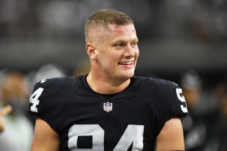 Defensive end Carl Nassib of the Las Vegas Raiders looks on during a game against the Baltimore Ravens on Sept. 13, 2021, in Las Vegas.