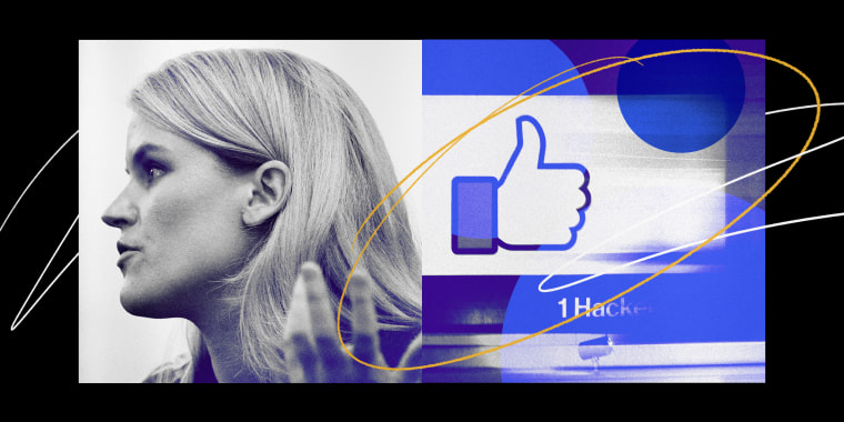Illustration of former Facebook employee Frances Haugen testifying on Capitol Hill and the Facebook "thumbs up" sign at their headquarters in California.