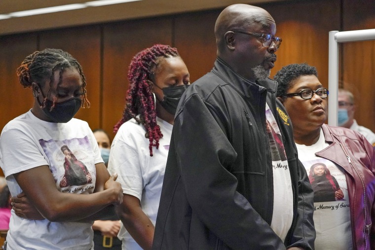 Image: Victor Butler, father of Sarah Butler, stands with family as he gives a victim impact statement during the sentencing for Khalil Wheeler-Weaver in Newark, N.J., on Oct. 6, 2021.