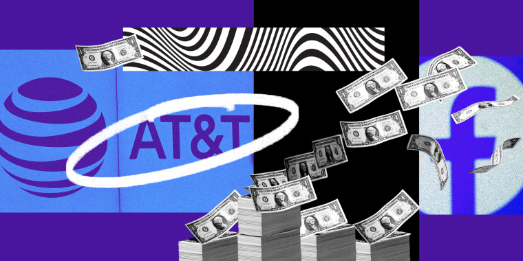 Photo illustration: AT&T logo, piles of money with notes flying and the facebook logo.