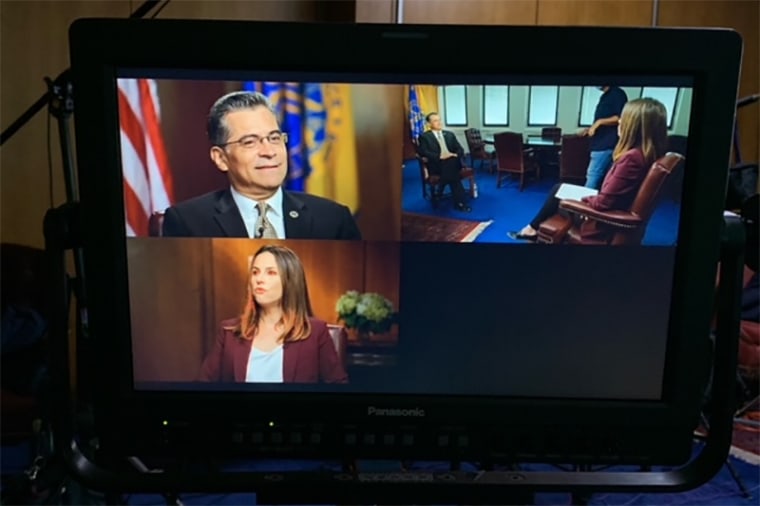 Image: Alicia Menendez interviews Biden Cabinet secretary Xavier Becerra.