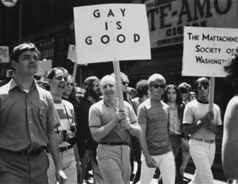 Frank Kameny, center, marches with members of The Mattachine Society of Washington DC to march in New York's 1970 Christopher Street Liberation Day Parade.