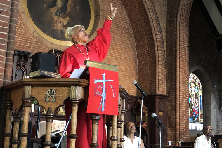 Rev. Magora Kennedy leads a worship service in Harlem to commemorate the 50th anniversary of the 1969 Stonewall uprising. Now 81, Kennedy spoke about her decades of activism on behalf of LGBTQ equality and racial justice.