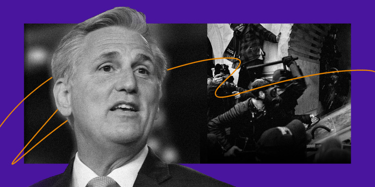 Photo illustration; Kevin McCarthy and an image of rioters breaking into the U.S Capitol in the background.