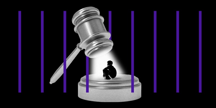 Photo illustration: A gavel throwing light over a child who's squatting. Vertical bars run across the image.