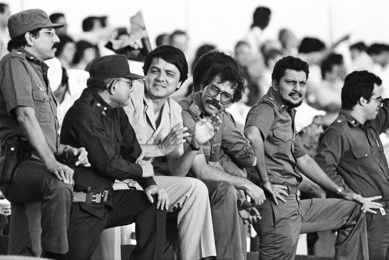 Members of the Sandinista National Liberation Front directorate — Defense Minister Humberto Ortega, Interior Minister Tomas Borge, junta member Sergio Ramírez, junta member Daniel Ortega and political coordinator Bayardo Arce — before the final campaign for general elections in Managua, Nicaragua, on Nov. 2, 1984. 