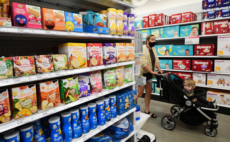 Image: Teething products for developing babies are displayed on shelves at a Target department store in Hollywood, Calif. on Sept. 2, 2021.