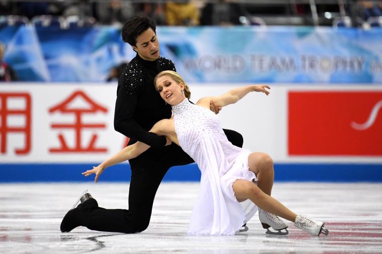 Kaitlyn Weaver and Andrew Poje of Canada compete in the Ice Dance Free Dance on day two of the ISU Team Trophy on April 12, 2019, in Fukuoka, Japan.
