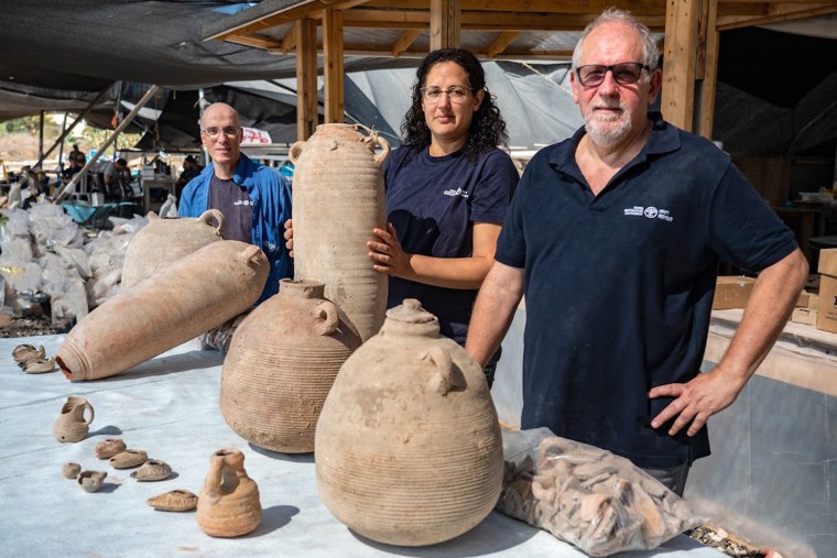 Excavation directors, from right: Jon Seligman, Liat Nadav-Ziv and Elie Hadad.