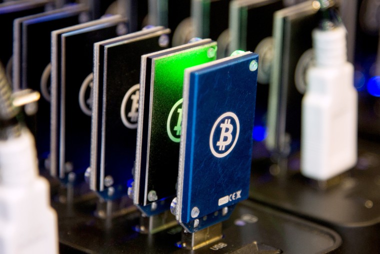 Chain of block erupters used for Bitcoin mining is pictured at the Plug and Play Tech Center in Sunnyvale, California