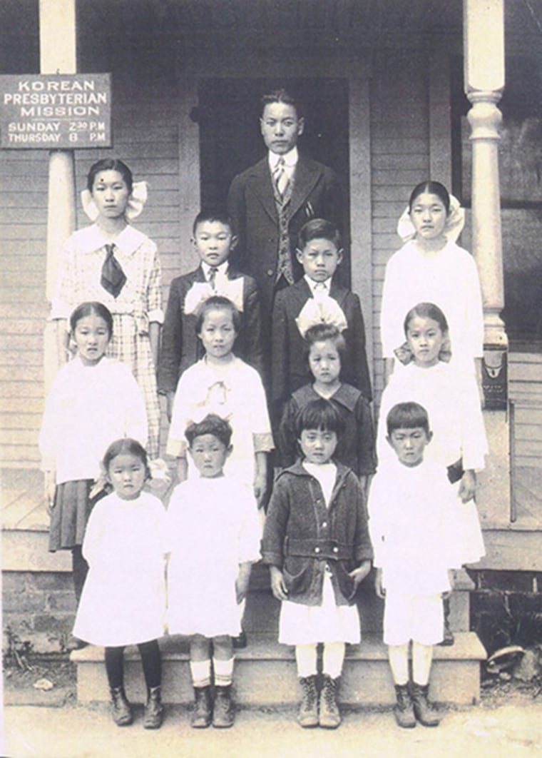 Children from a Korean class stand for a photo at the Korean mission in Pachappa Camp in Riverside, Calif., in the mid-1910s.