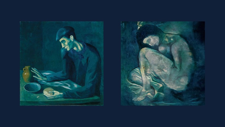 Picasso likely painted over 'The Lonesome Crouching Nude,' right, to create 'The Blind Man's Meal,' left, at a time when he was struggling to afford fresh canvas.