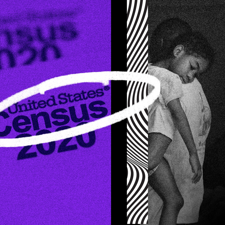 Photo collage: Pages with the title,"United States Census 2020" and an image of a child sleeping on his father's shoulders.