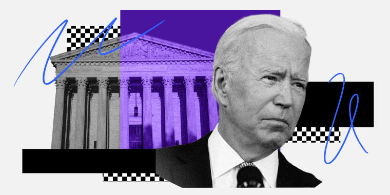 Photo illustration: Image of the Supreme Court of the United States and Joe Biden.