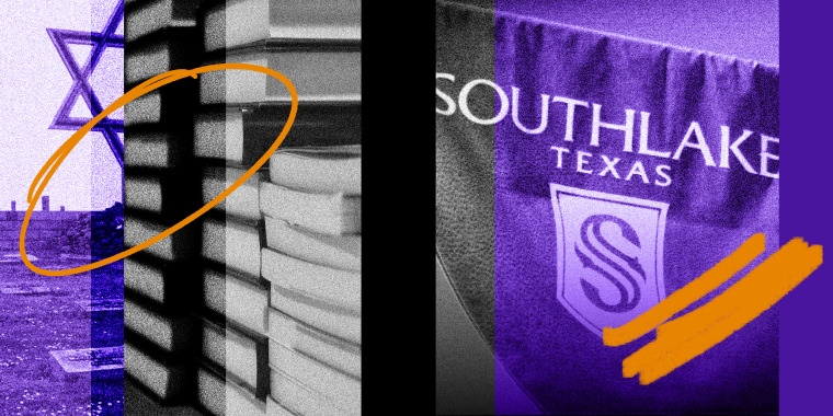 Photo illustration: Scribbles over images of a Holocaust memorial, stack of books and a banner that reads, "Southlake Texas".