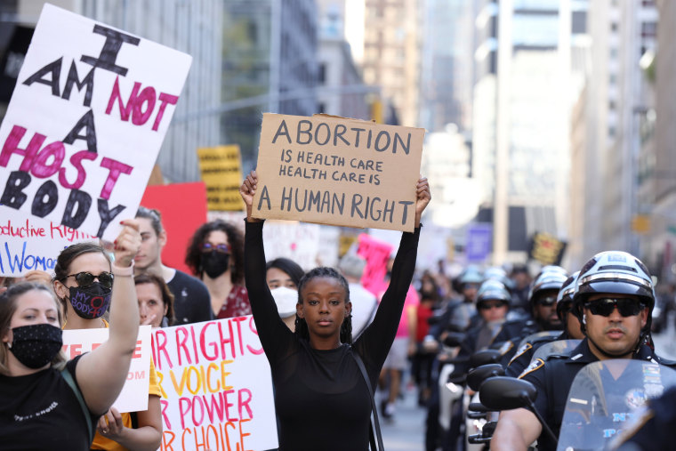 Image:  Pro-choice protesters during the Women's March in New York City on Oct. 2, 2021.