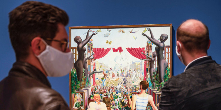 Visitors look at Wolfgang Hutter's painting "Theatre" as part of the 'The Beginning' exhibition at the reopened Albertina Modern art museum in Vienna, Austria, on May 27, 2020.