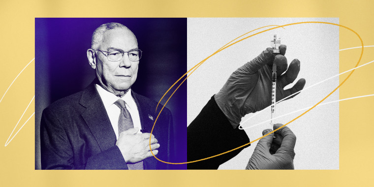 Illustration of Colin Powell and a healthcare worker prepping a Covid-19 vaccine.