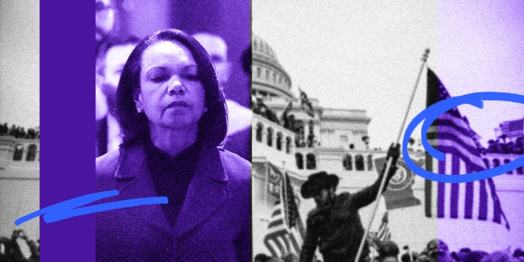 Photo illustration: Image of Condoleezza Rice and an image of rioters outside the Capitol on January 6, 2021.