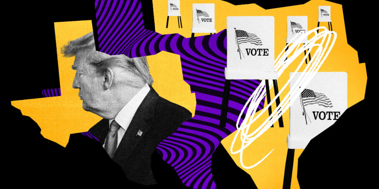 Illustration of former President Donald Trump with repeating Texas shapes and voting booths.