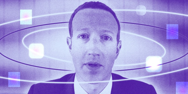 Photo illustration: Blank app icons and screens orbiting around Mark Zuckerberg.
